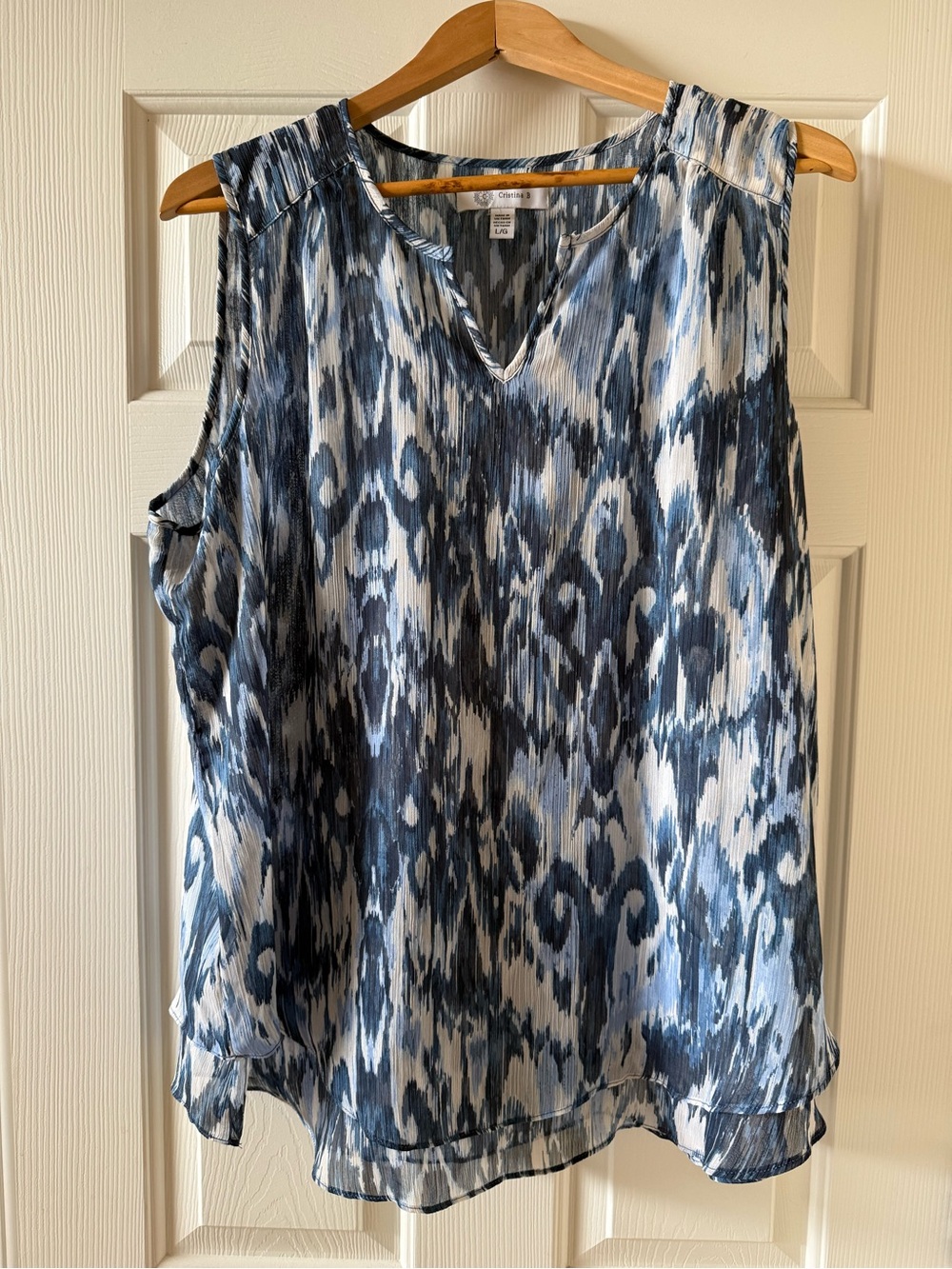 Blue & White Sleeveless V-Notch Top